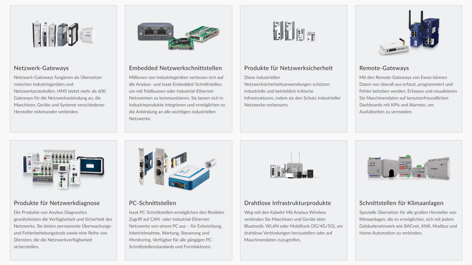 Eine Übersicht der verschiedenen Produktkategorien, in denen HMS Networks Geräte verkauft
